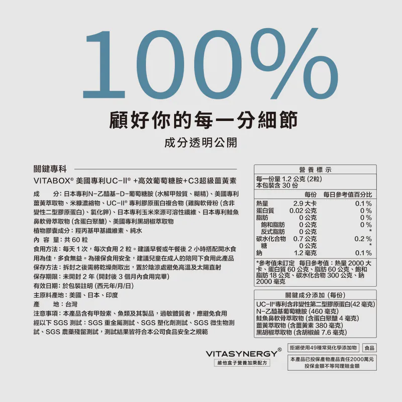 【關鍵專科】美國專利UC2®+高效葡+高效葡萄糖胺+C3超級薑黃素 VITABOX 維他盒子-細節圖2