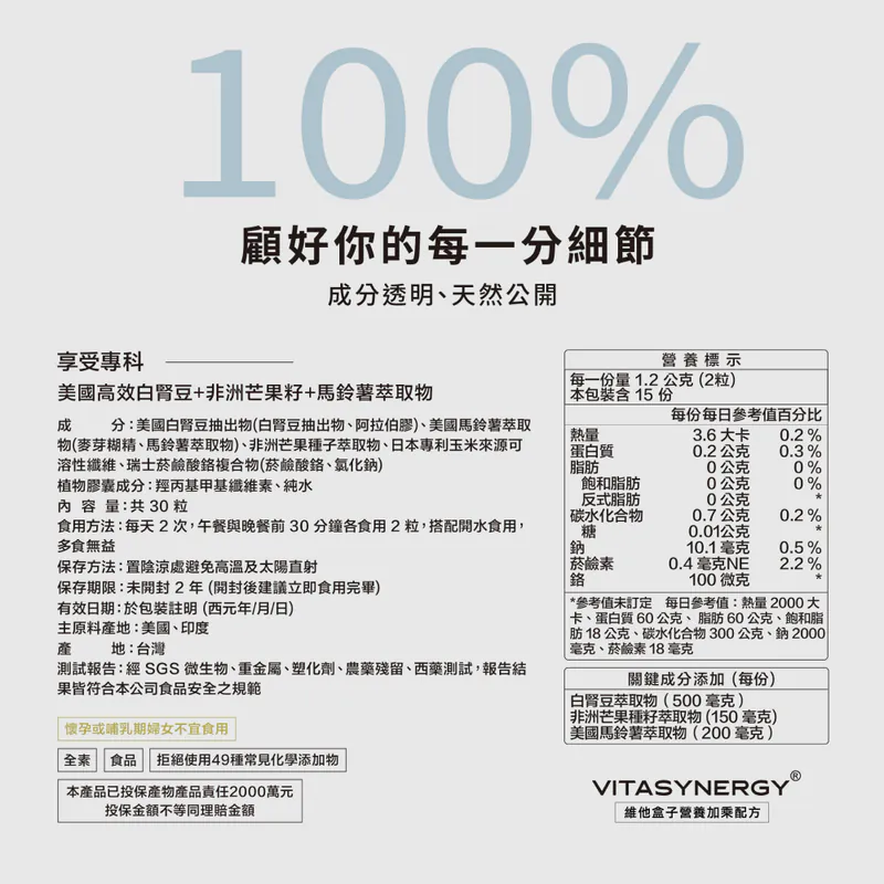 【享受專科】美國高效白腎豆+非洲芒果籽+馬鈴薯萃取物(第三代) VITABOX 維他盒子-細節圖2
