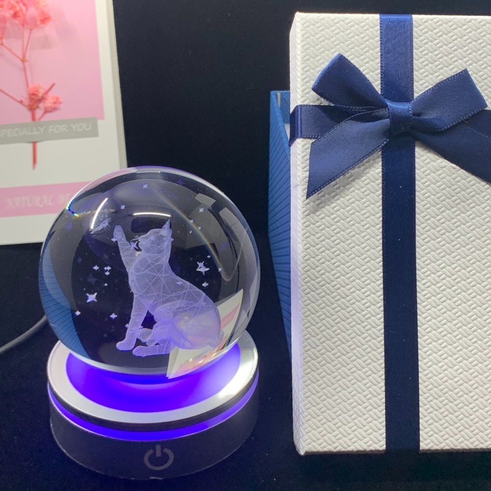 浪漫情人節的治癒之選——3D小夜燈水晶球【貓咪與蝴蝶（彩光 8 cm）含禮物盒】-細節圖2