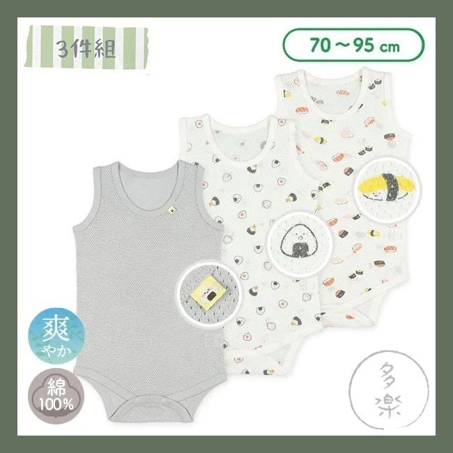 ｜現貨 80-95cm｜網眼無袖包屁衣3件組。日本西松屋代購 西松屋包屁衣 寶寶透氣洞洞衣 多樂選物-細節圖5