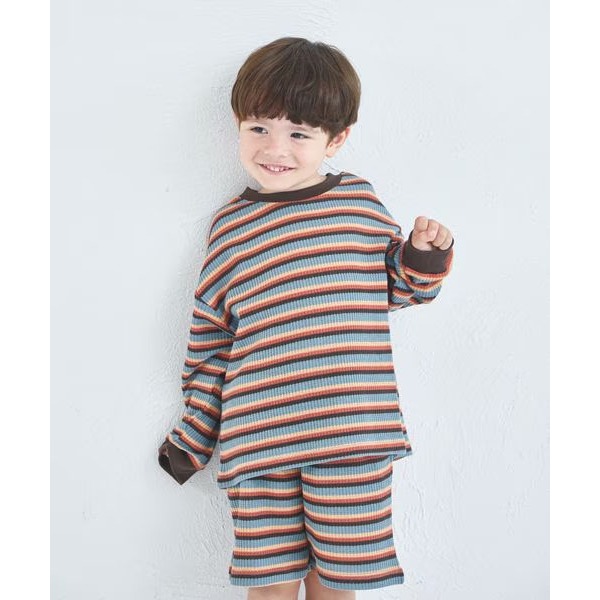 ｜現貨 110cm 120cm｜pairmanon 華夫格長袖短褲套裝。日本童裝 條紋上衣 短褲 美式休閒 多樂選物-細節圖2