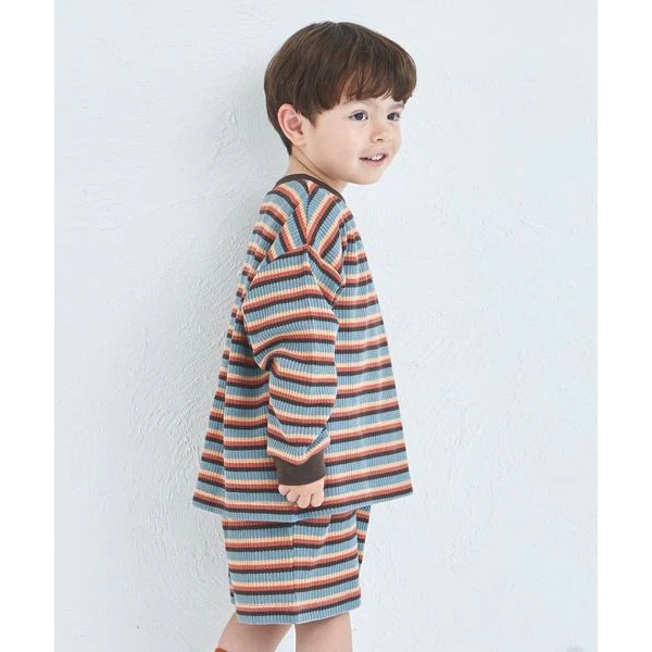 ｜現貨 110cm 120cm｜pairmanon 華夫格長袖短褲套裝。日本童裝 條紋上衣 短褲 美式休閒 多樂選物-細節圖3