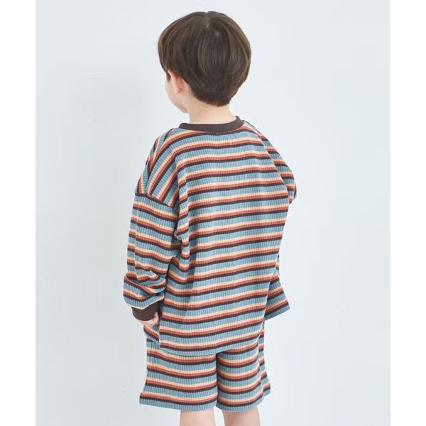 ｜現貨 110cm 120cm｜pairmanon 華夫格長袖短褲套裝。日本童裝 條紋上衣 短褲 美式休閒 多樂選物-細節圖4