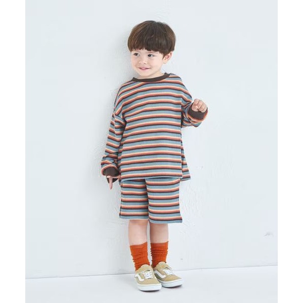 ｜現貨 110cm 120cm｜pairmanon 華夫格長袖短褲套裝。日本童裝 條紋上衣 短褲 美式休閒 多樂選物-細節圖5