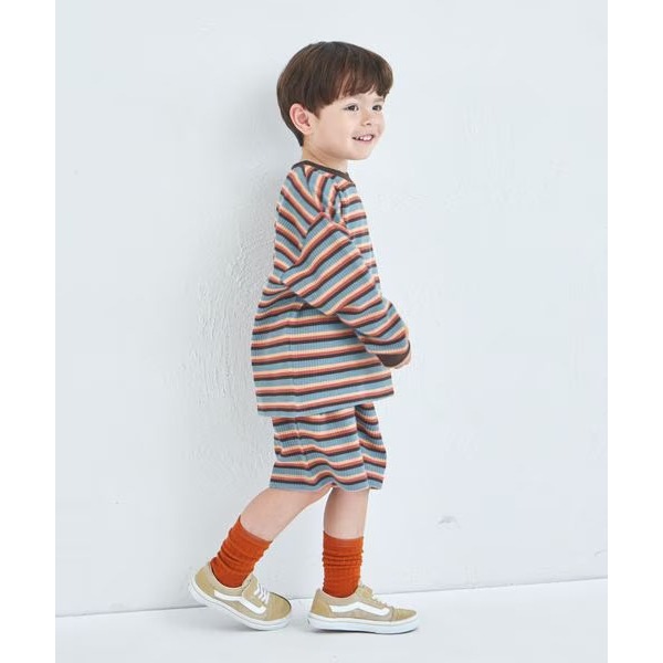 ｜現貨 110cm 120cm｜pairmanon 華夫格長袖短褲套裝。日本童裝 條紋上衣 短褲 美式休閒 多樂選物-細節圖6