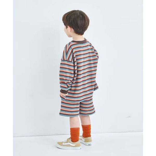 ｜現貨 110cm 120cm｜pairmanon 華夫格長袖短褲套裝。日本童裝 條紋上衣 短褲 美式休閒 多樂選物-細節圖7