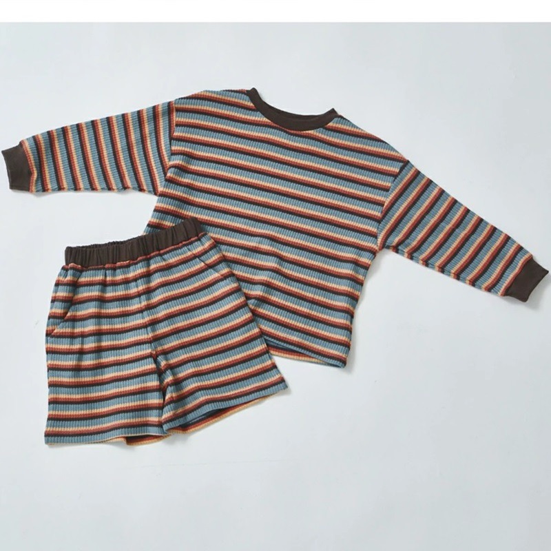 ｜現貨 110cm 120cm｜pairmanon 華夫格長袖短褲套裝。日本童裝 條紋上衣 短褲 美式休閒 多樂選物-細節圖8