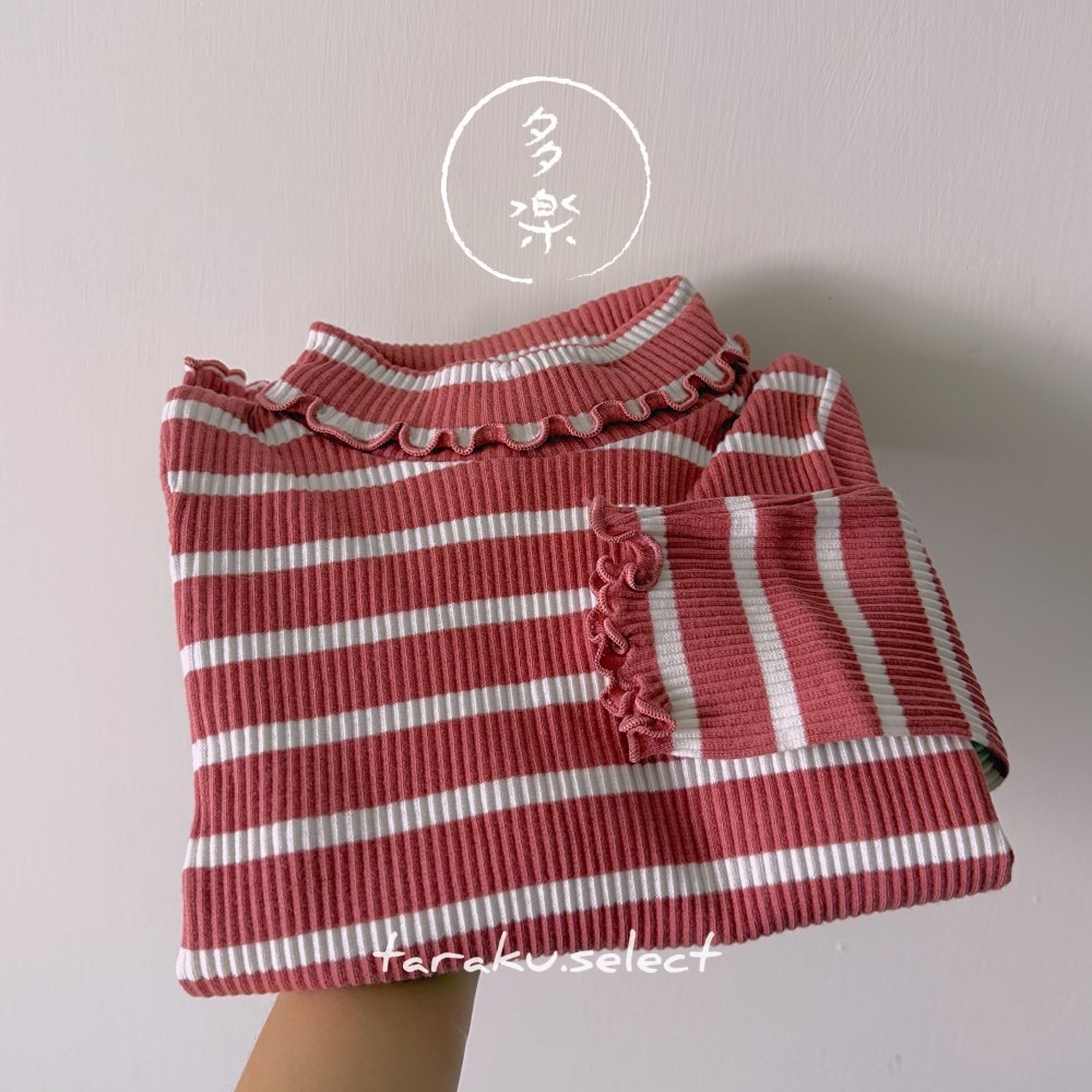 ｜現貨 100cm 110cm｜女童木耳滾邊長袖上衣。日本童裝 木耳裝飾 翻領 小高領 女童內搭 彈性羅紋 多樂選物-規格圖9