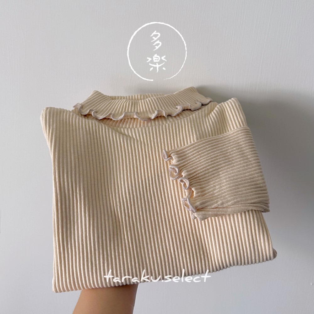 ｜現貨 100cm 110cm｜女童木耳滾邊長袖上衣。日本童裝 木耳裝飾 翻領 小高領 女童內搭 彈性羅紋 多樂選物-規格圖9