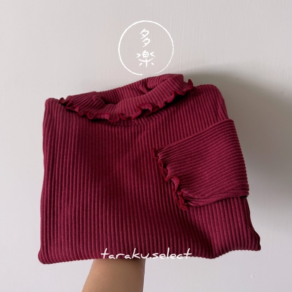 ｜現貨 100cm 110cm｜女童木耳滾邊長袖上衣。日本童裝 木耳裝飾 翻領 小高領 女童內搭 彈性羅紋 多樂選物-規格圖7