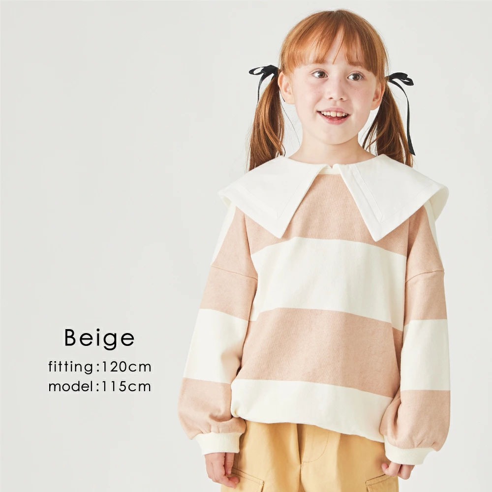 ｜現貨 120cm｜女童 領子 條紋 長袖上衣。日本童裝 大領子 毛圈內裏 多樂選物-細節圖9
