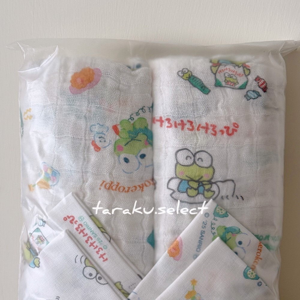 紗布巾｜現貨｜三麗鷗 大眼蛙紗布巾6件組。官方正品  Keroppi 紗布蓋毯 紗布方巾 小方巾 多樂選物-細節圖3