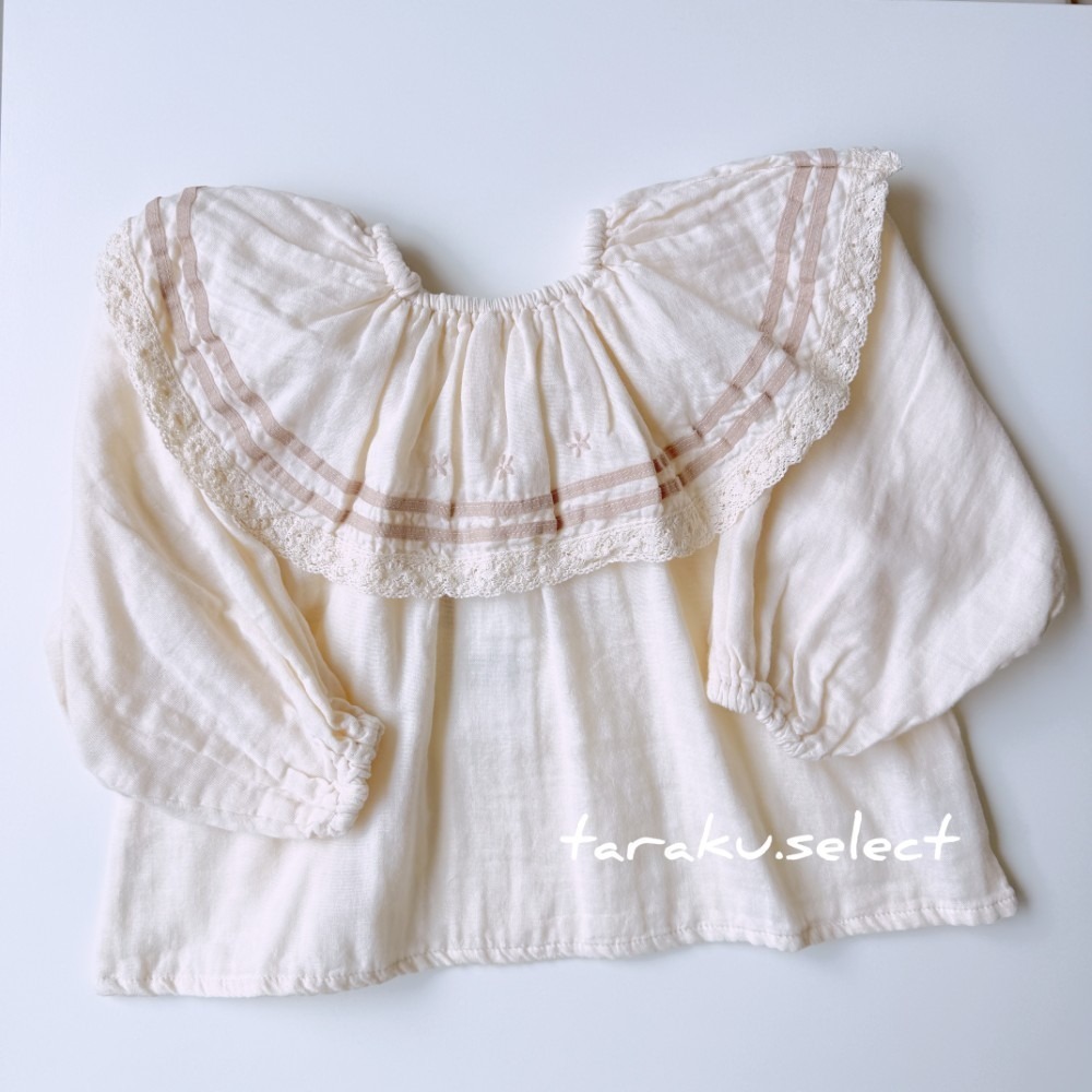 女童套衫｜現貨 100cm 110cm｜韓國童裝 小花 刺繡 大領子 上衣。韓國製 女童薄長袖上衣 多樂選物-細節圖4