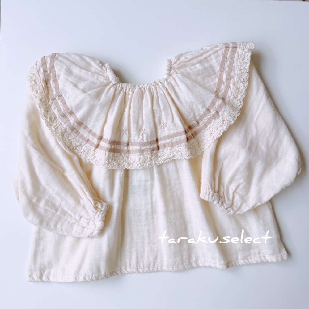 女童套衫｜現貨 100cm 110cm｜韓國童裝 小花 刺繡 大領子 上衣。韓國製 女童薄長袖上衣 多樂選物-細節圖4