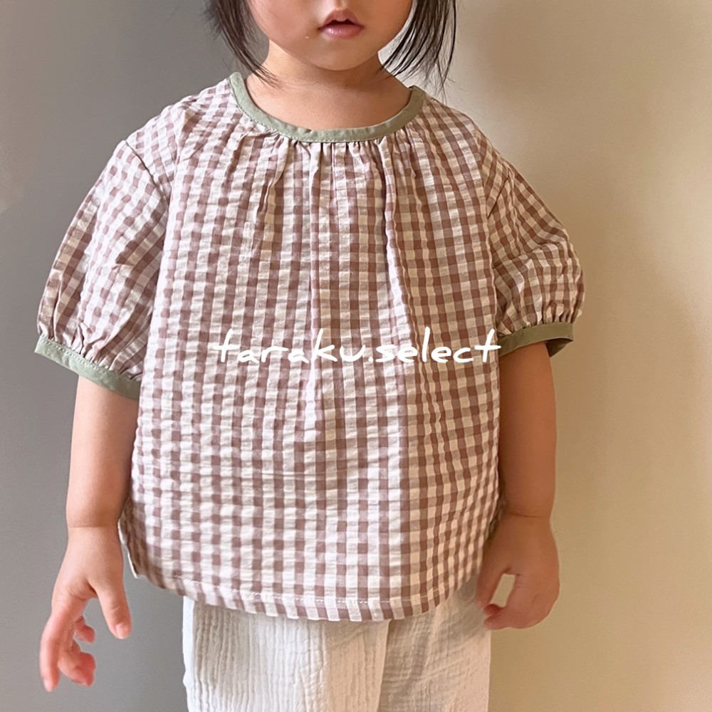 短袖上衣｜現貨 100cm｜純棉泡泡紗 格紋短袖上衣。男寶女寶 格紋上衣 大地色 幼兒上衣 多樂選物-細節圖2