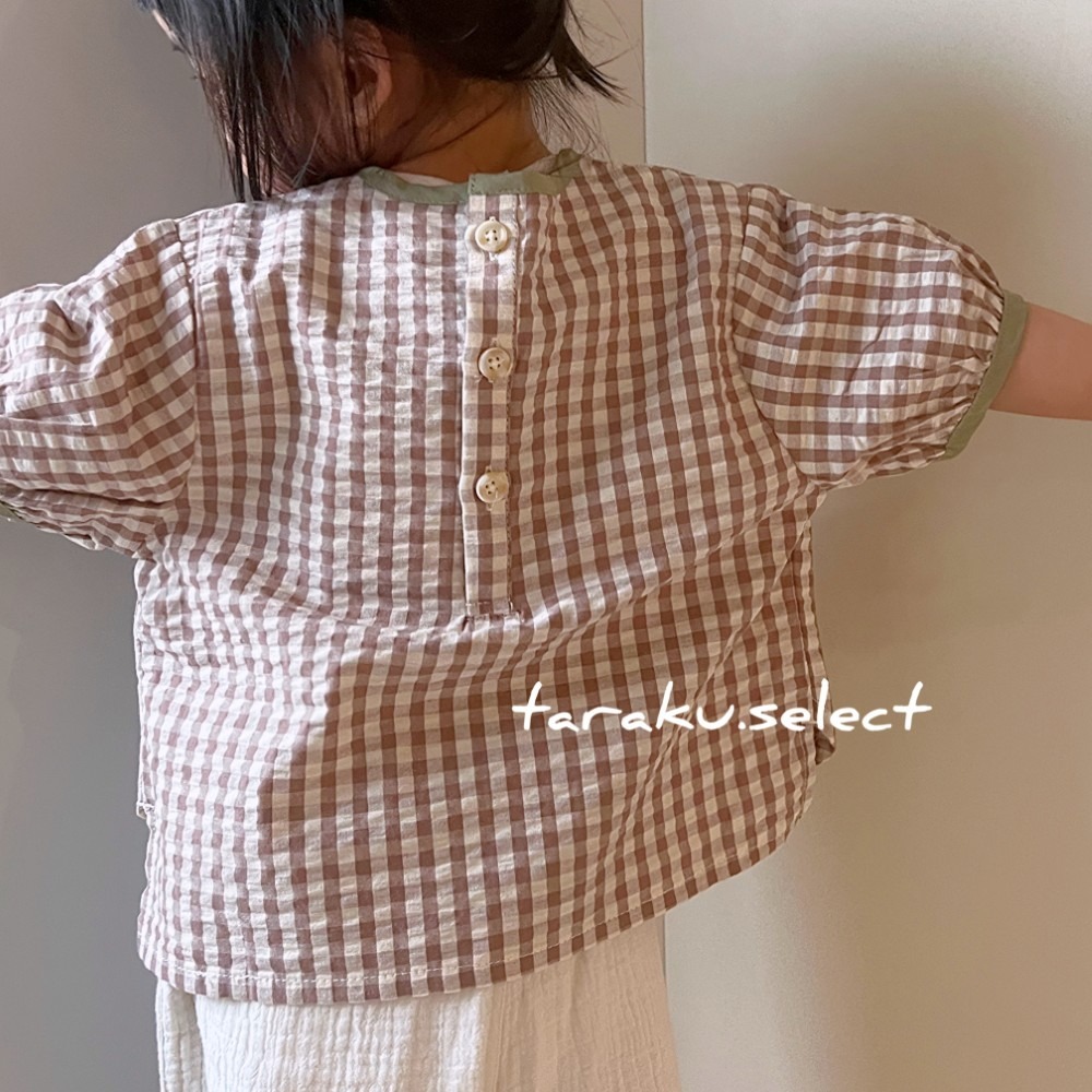 短袖上衣｜現貨 100cm｜純棉泡泡紗 格紋短袖上衣。男寶女寶 格紋上衣 大地色 幼兒上衣 多樂選物-細節圖3