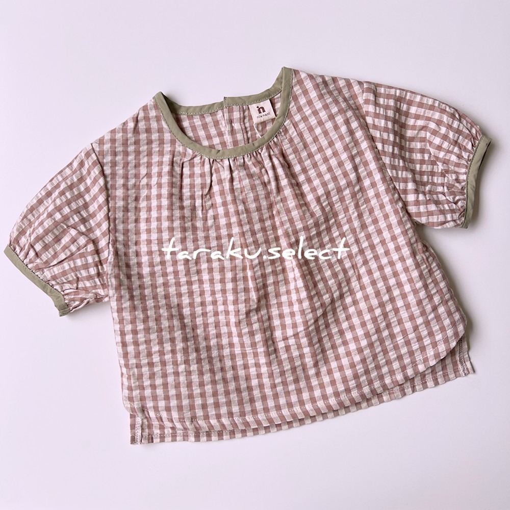 短袖上衣｜現貨 100cm｜純棉泡泡紗 格紋短袖上衣。男寶女寶 格紋上衣 大地色 幼兒上衣 多樂選物-細節圖4