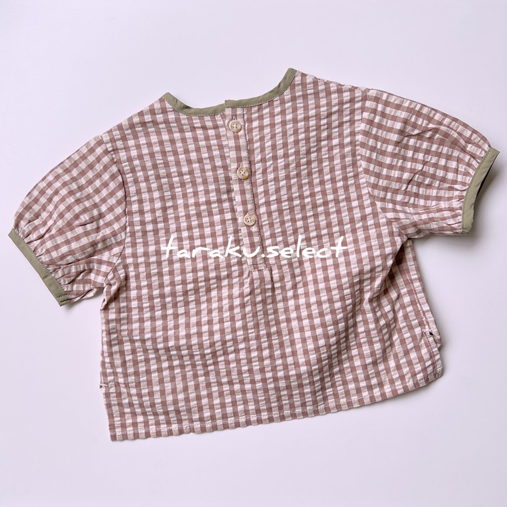 短袖上衣｜現貨 100cm｜純棉泡泡紗 格紋短袖上衣。男寶女寶 格紋上衣 大地色 幼兒上衣 多樂選物-細節圖9