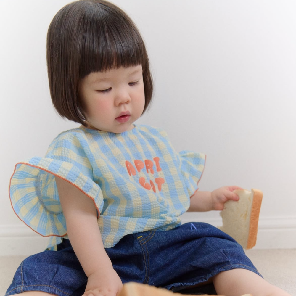 短袖上衣｜現貨 95cm｜泡泡紗荷葉袖上衣(2色)。日本童裝 女寶上衣 格紋 多樂選物-細節圖2