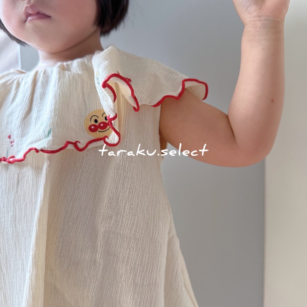 女寶上衣｜正版現貨 90cm 100cm｜麵包超人女寶上衣。日本童裝 楊柳織紋 荷葉滾邊 多樂選物-細節圖3