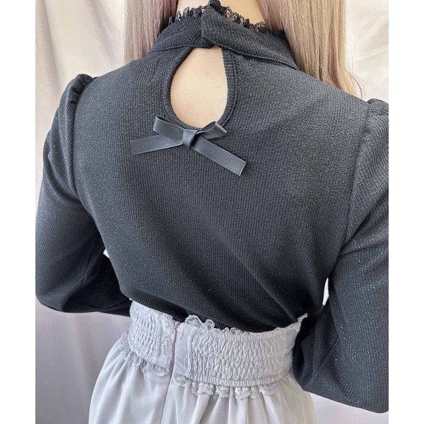 代購日本🇯🇵 ROJITA 閃亮黑色蕾絲蝴蝶結長袖上衣キラキラテレコトップス地雷系ブラック free size-細節圖2