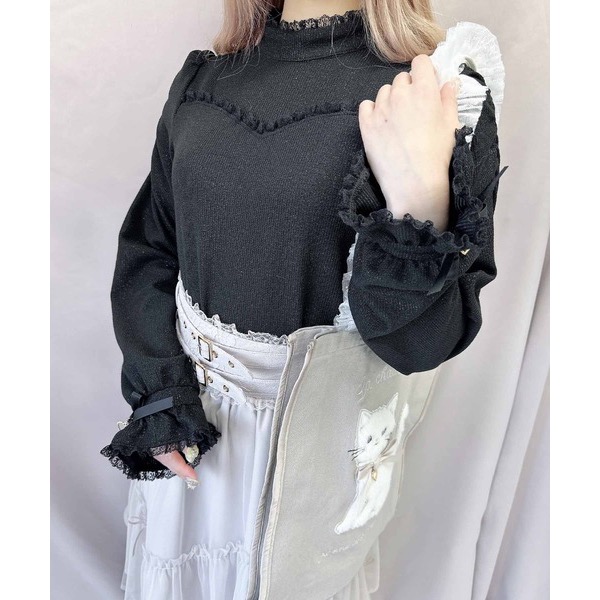 代購日本🇯🇵 ROJITA 閃亮黑色蕾絲蝴蝶結長袖上衣キラキラテレコトップス地雷系ブラック free size-細節圖4