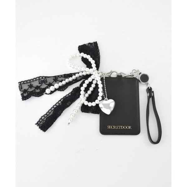 代購日本🇯🇵SecretDoor黑色證件套悠遊卡票卡夾附吊飾蕾絲珍珠蝴蝶結心形鍊 定期入れパスケースICカード地雷系-細節圖7