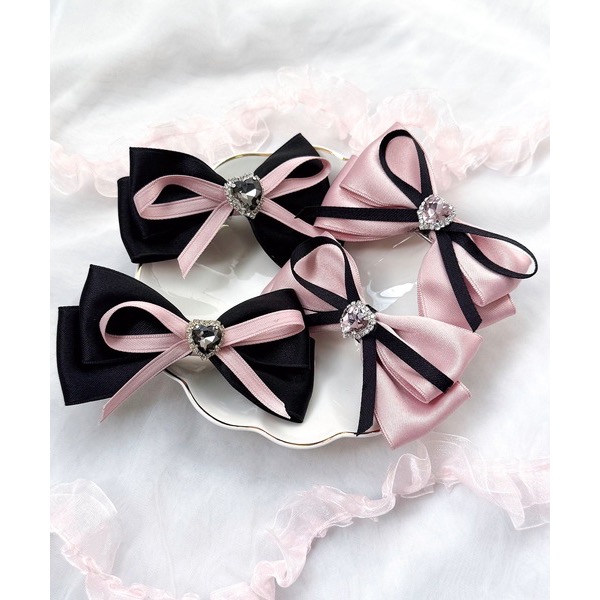 代購日本🇯🇵 推し活さぽちゃん 粉色心形雙緞帶髮夾２P ハートダブルリボンヘアピン地雷系ピンク粉色兩入組-細節圖5