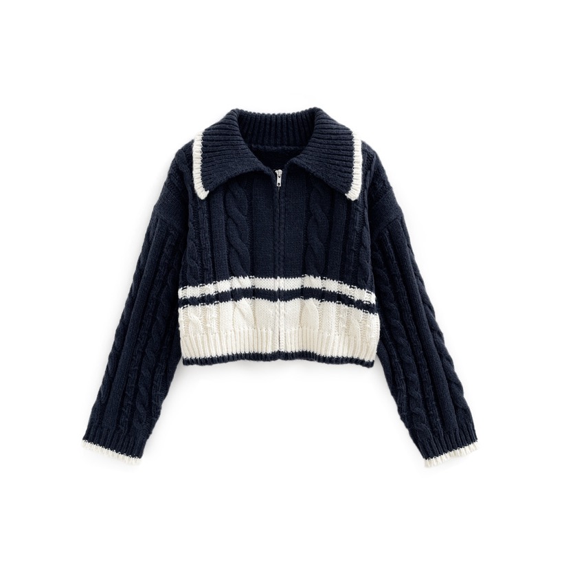 代購日本🇯🇵GRL新款配色針織拉鍊長袖上衣配色ケーブル編みジップニットトップス[an1683]ネイビー海軍藍-細節圖2