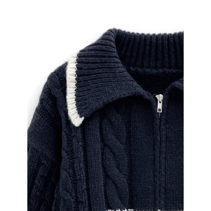 代購日本🇯🇵GRL新款配色針織拉鍊長袖上衣配色ケーブル編みジップニットトップス[an1683]ネイビー海軍藍-細節圖4