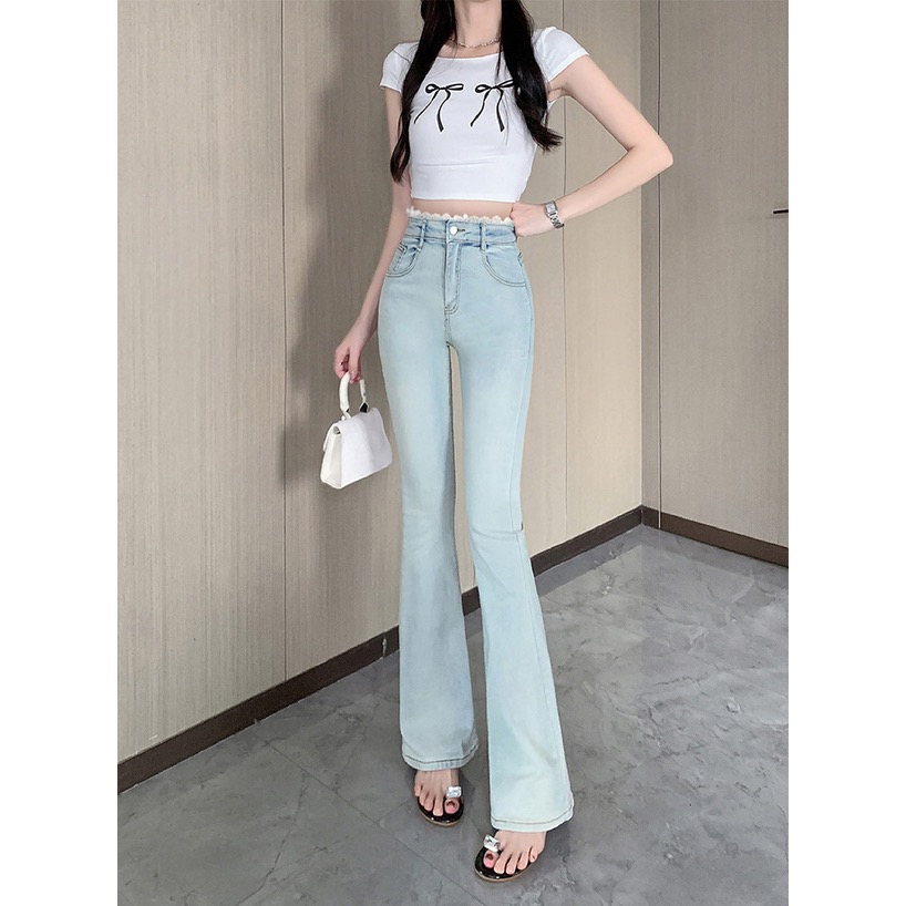 代購日本🇯🇵GRL現貨M號 腰部蕾絲喇叭牛仔褲 後口袋蕾絲翹臀ウエストレースフレアデニムパンツ[ks066]ブルーM-細節圖2