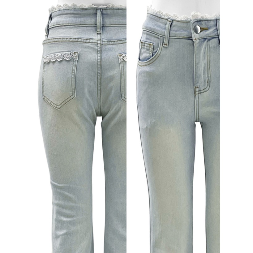 代購日本🇯🇵GRL現貨M號 腰部蕾絲喇叭牛仔褲 後口袋蕾絲翹臀ウエストレースフレアデニムパンツ[ks066]ブルーM-細節圖11