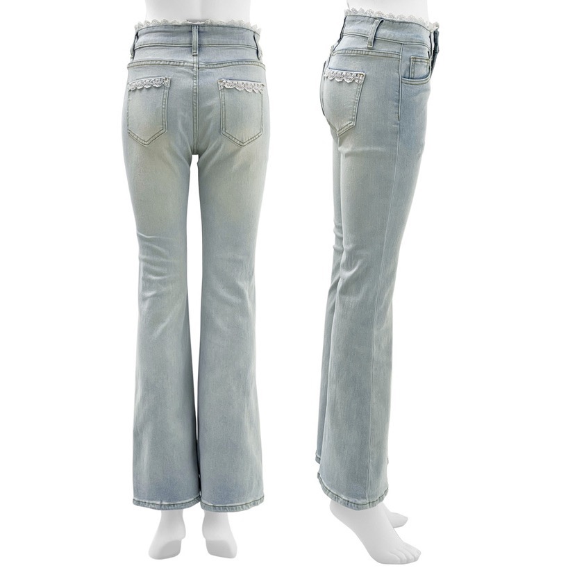 代購日本🇯🇵GRL現貨M號 腰部蕾絲喇叭牛仔褲 後口袋蕾絲翹臀ウエストレースフレアデニムパンツ[ks066]ブルーM-細節圖10