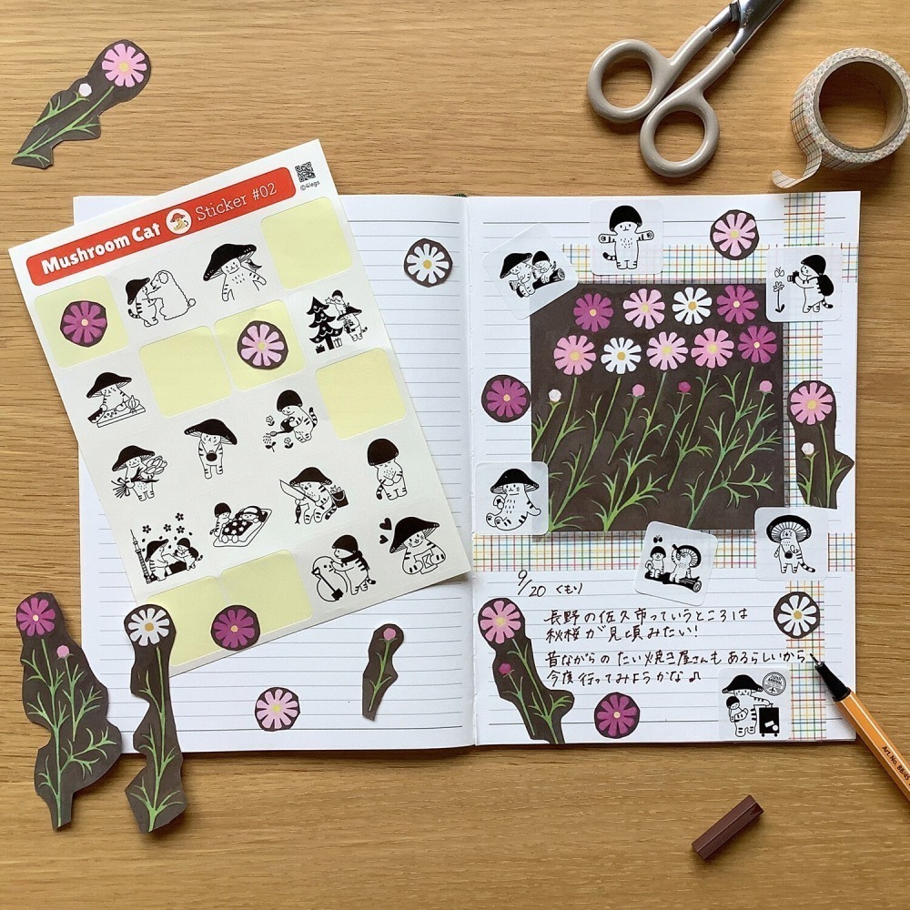 *激動小鹿*<現貨>日本 4Legs 日本插畫家 水彩畫貼紙 蘑菇貓#02 ( 4legs-ST008 )日本製貼紙-細節圖6