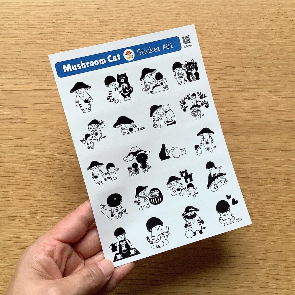 *激動小鹿*<現貨>日本 4Legs 日本插畫家 水彩畫貼紙 蘑菇貓#01 (4legs-ST007) 日本製貼紙-細節圖5