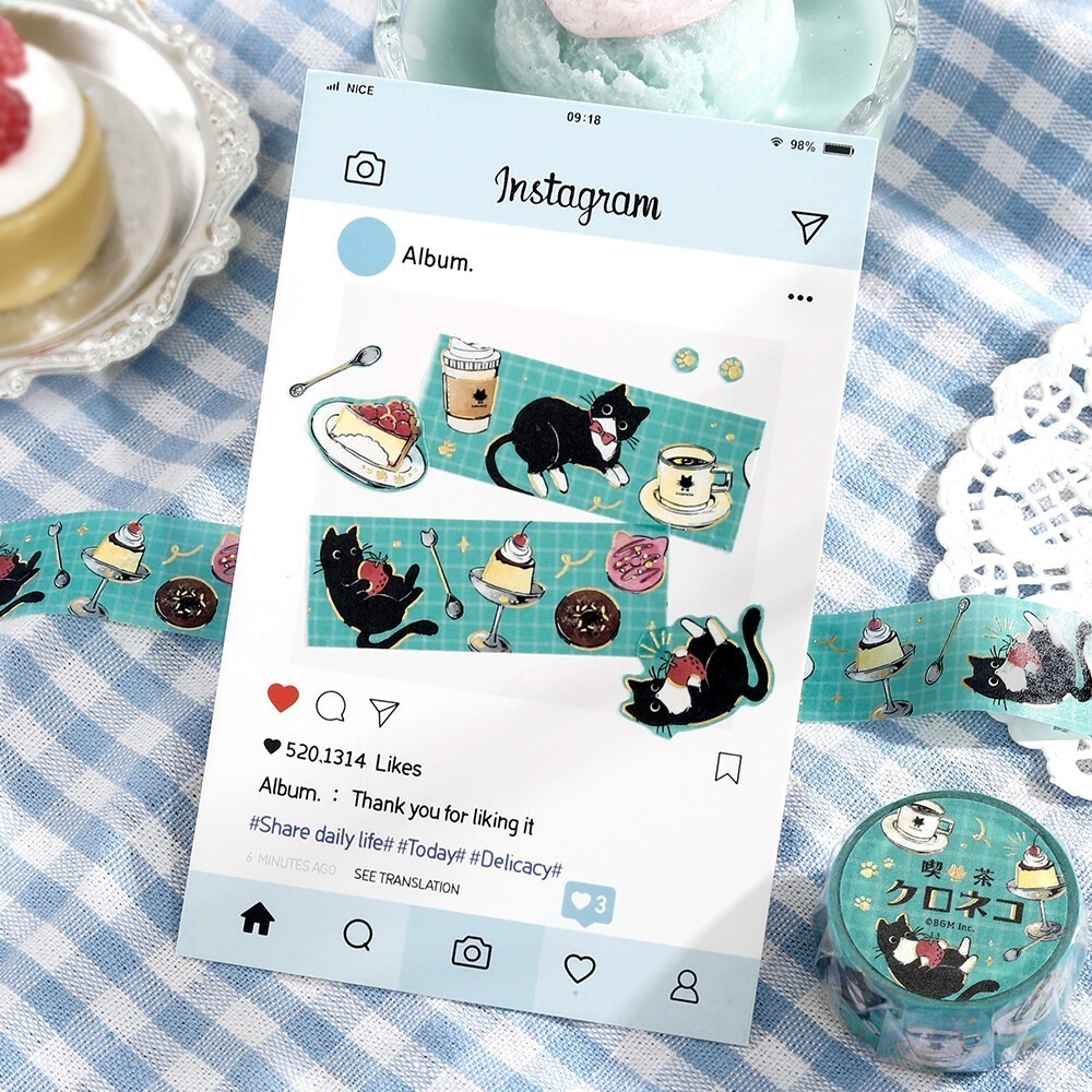 *激動小鹿*<現貨>日本 BGM 燙金紙膠帶 黑貓咖啡店 20mm 寬 整捲 2025年新品-細節圖9