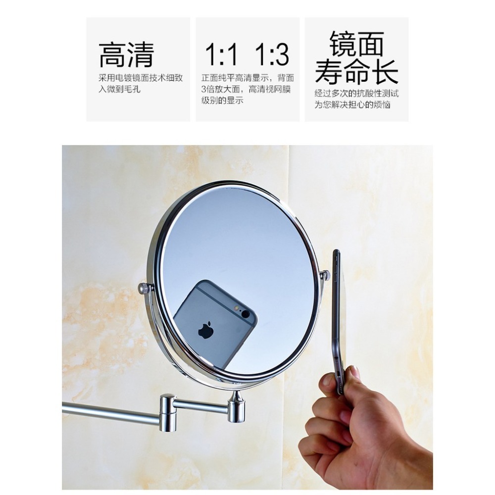 免打孔免釘浴室梳妝鏡 360度可旋轉化妝鏡 化妝鏡不銹鋼雙面鏡放大可折疊推拉伸縮 梳妝鏡 公主鏡化妝鏡子化妝鏡檯燈收納-細節圖8