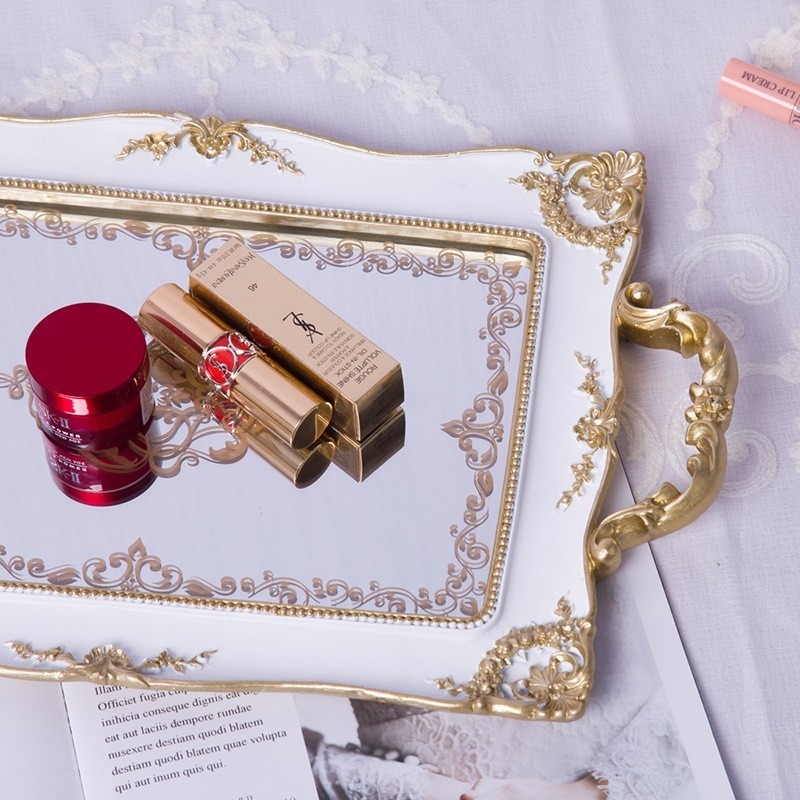 在臺出貨 復古歐式 金色 鏡面 托盤 婚禮 佈置 甜點盤 首飾盤 長方形樹脂鏡面托盤首飾化妝品收納盤蛋糕盤甜品擺台盤子-細節圖2