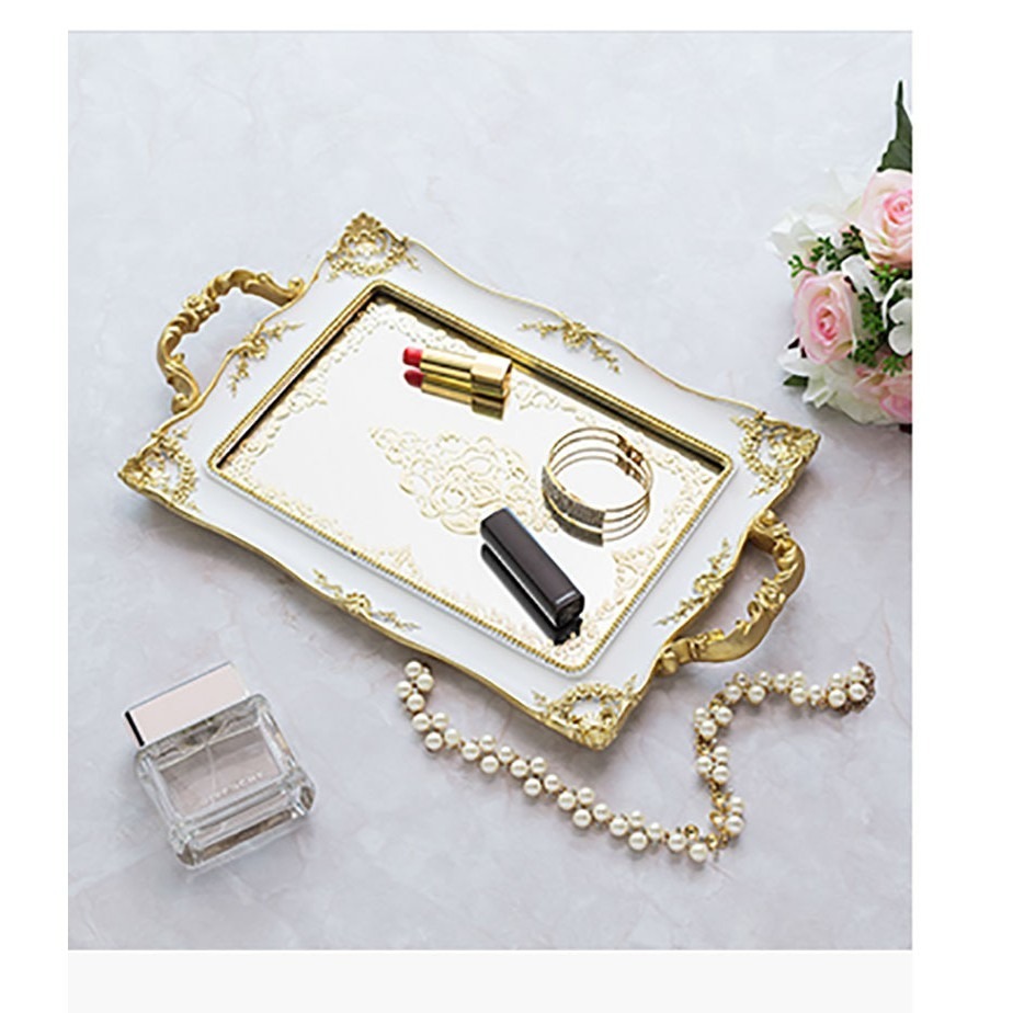 在臺出貨 復古歐式 金色 鏡面 托盤 婚禮 佈置 甜點盤 首飾盤 長方形樹脂鏡面托盤首飾化妝品收納盤蛋糕盤甜品擺台盤子-細節圖3