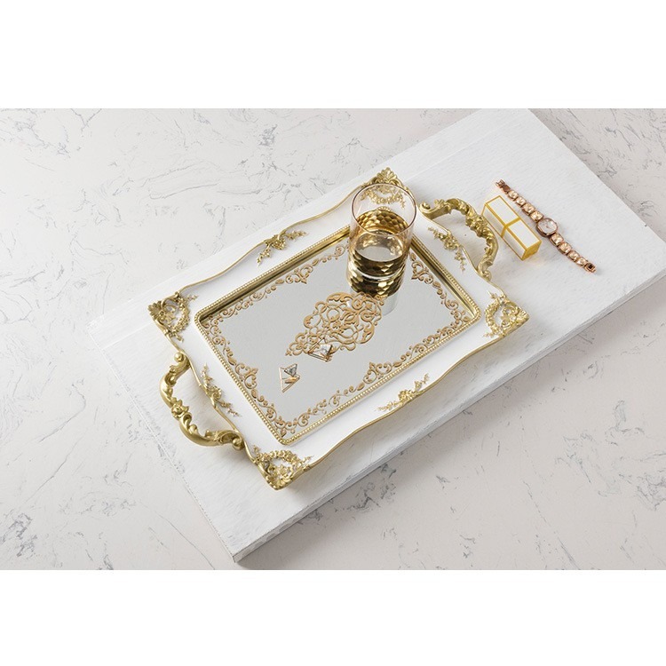 在臺出貨 復古歐式 金色 鏡面 托盤 婚禮 佈置 甜點盤 首飾盤 長方形樹脂鏡面托盤首飾化妝品收納盤蛋糕盤甜品擺台盤子-細節圖4