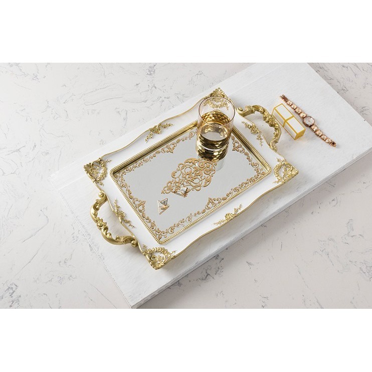 在臺出貨 復古歐式 金色 鏡面 托盤 婚禮 佈置 甜點盤 首飾盤 長方形樹脂鏡面托盤首飾化妝品收納盤蛋糕盤甜品擺台盤子-細節圖5