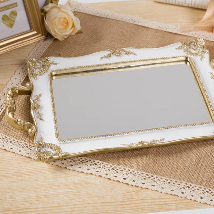 在臺出貨 復古歐式 金色 鏡面 托盤 婚禮 佈置 甜點盤 首飾盤 長方形樹脂鏡面托盤首飾化妝品收納盤蛋糕盤甜品擺台盤子-細節圖6