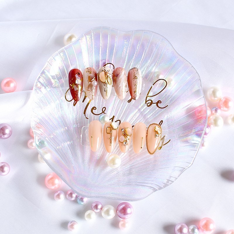 在臺出貨 玻璃貝殼造型 美甲擺拍照 作品展示人魚貝殼造型玻璃幻彩飾品收納盤 拍照道具 美甲拍攝背景道具七彩玻璃貝殼-細節圖4