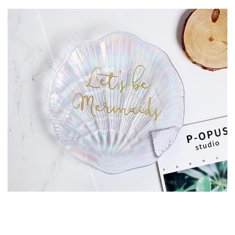 在臺出貨 玻璃貝殼造型 美甲擺拍照 作品展示人魚貝殼造型玻璃幻彩飾品收納盤 拍照道具 美甲拍攝背景道具七彩玻璃貝殼-細節圖7