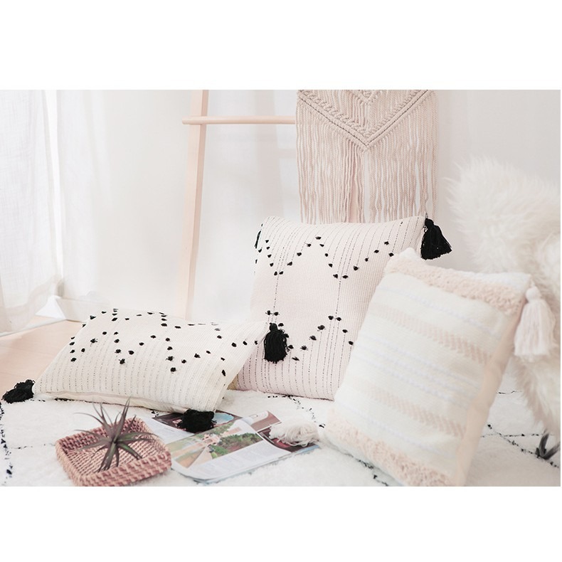 在臺出貨 純棉 印度風格 波西米亞風 靠墊北歐摩洛哥手工刺繡簇絨幾何流蘇抱枕套 北歐汽車靠墊沙發靠枕 抱枕-細節圖3
