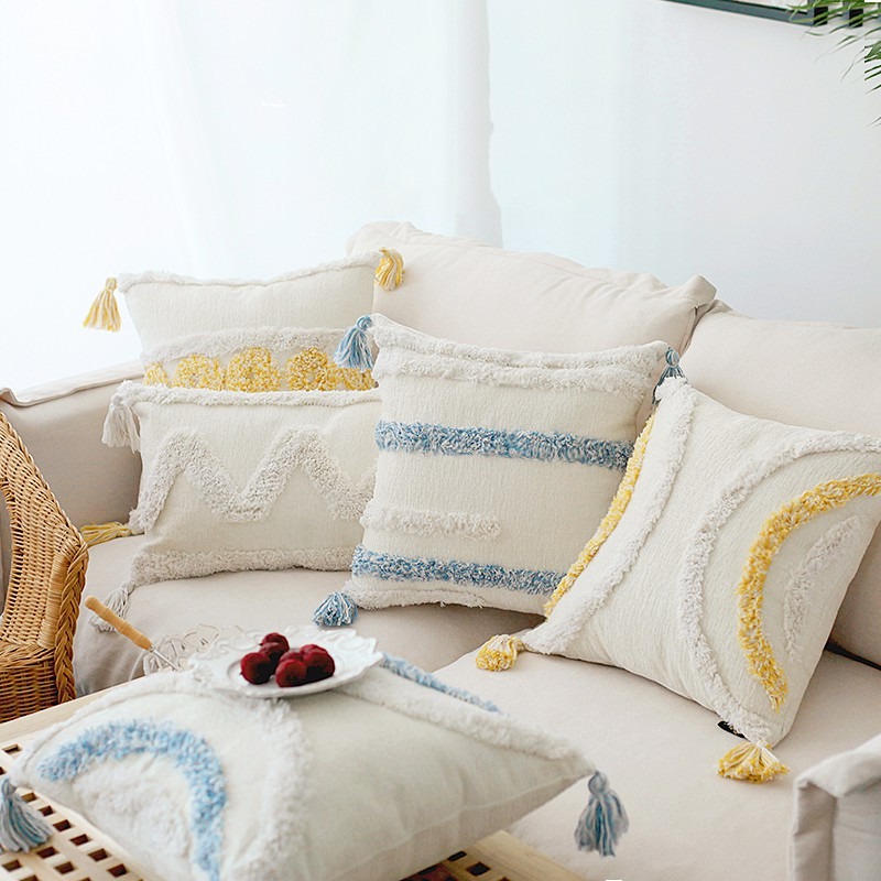 在臺現貨 摩洛哥手工刺繡簇絨幾何流蘇 波西米亞 印度民宿抱枕靠枕簡約新款床上沙發靠墊 編織民族風抱枕套 靠墊套 印度風-細節圖3