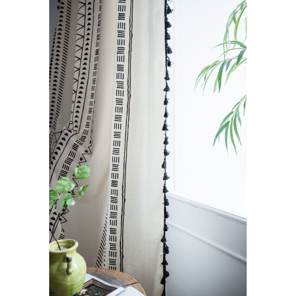 台灣出貨 波西米亞風窗簾棉麻半遮光美式鄉村客廳書房流蘇窗簾北歐黑白簡約 北歐風飄窗簾隔斷簾 掛鉤式 穿桿式 打孔式-細節圖2