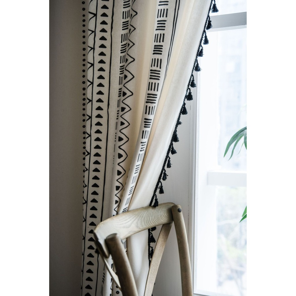 台灣出貨 波西米亞風窗簾棉麻半遮光美式鄉村客廳書房流蘇窗簾北歐黑白簡約 北歐風飄窗簾隔斷簾 掛鉤式 穿桿式 打孔式-細節圖3