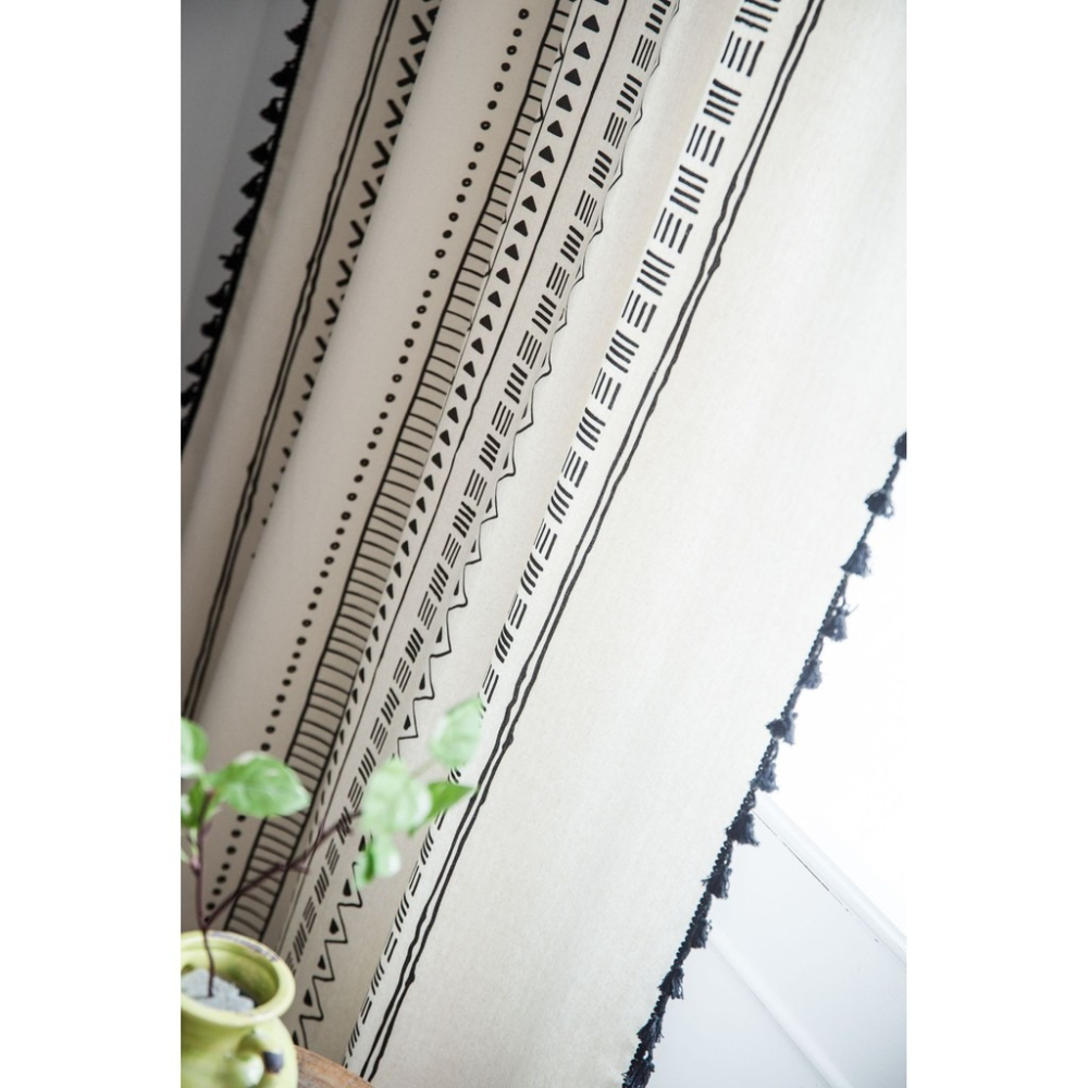 台灣出貨 波西米亞風窗簾棉麻半遮光美式鄉村客廳書房流蘇窗簾北歐黑白簡約 北歐風飄窗簾隔斷簾 掛鉤式 穿桿式 打孔式-細節圖6