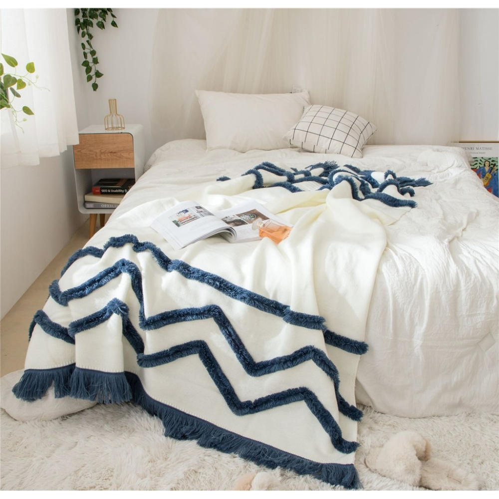 在臺出貨 流蘇 立體針織絨 沙發毛毯 針織毯 北歐重工簇絨流蘇家居 針織 風格午睡拍攝 床尾毯純棉單人辦公室午睡休閒-細節圖2